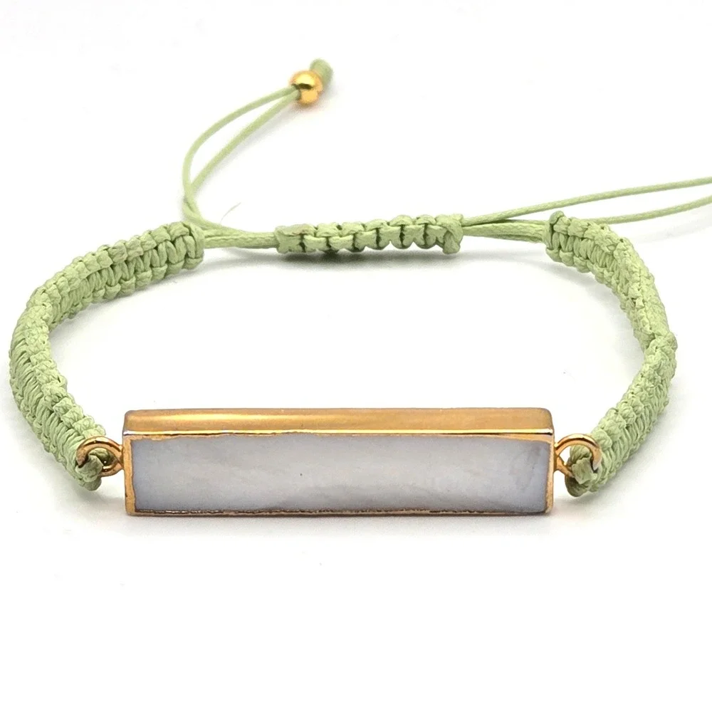 Set of 2 Macrame Cord‎ Bracelets Sage Green Agate Bar Gold Bead Adjustable Woven